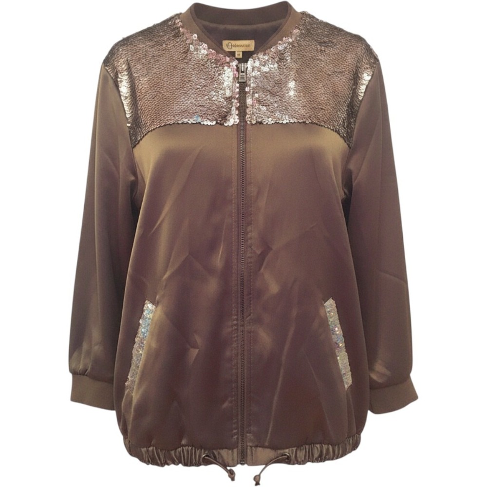 Democracy Womens Olive Green Satin Sequin Bomber Jacket Full Zip Medium